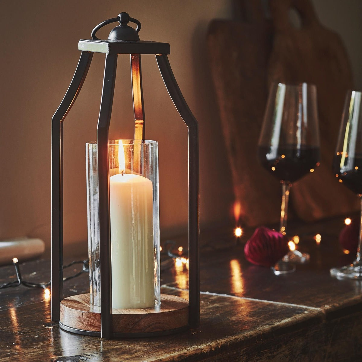 Ivyline Felicity Circular Base Lantern in Acacia Wood & Black - Small