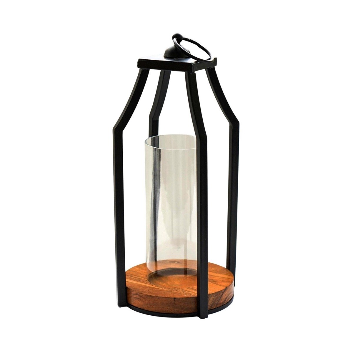 Ivyline Felicity Circular Base Lantern in Acacia Wood & Black - Large