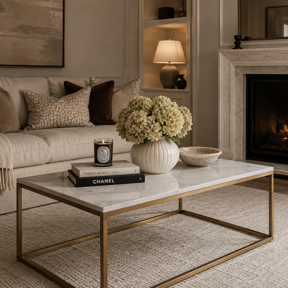 A modern rectangular coffee table with a white marble top and gold metal frame, styled in a cozy living room with a sofa, fireplace, and decorative flowers on top.