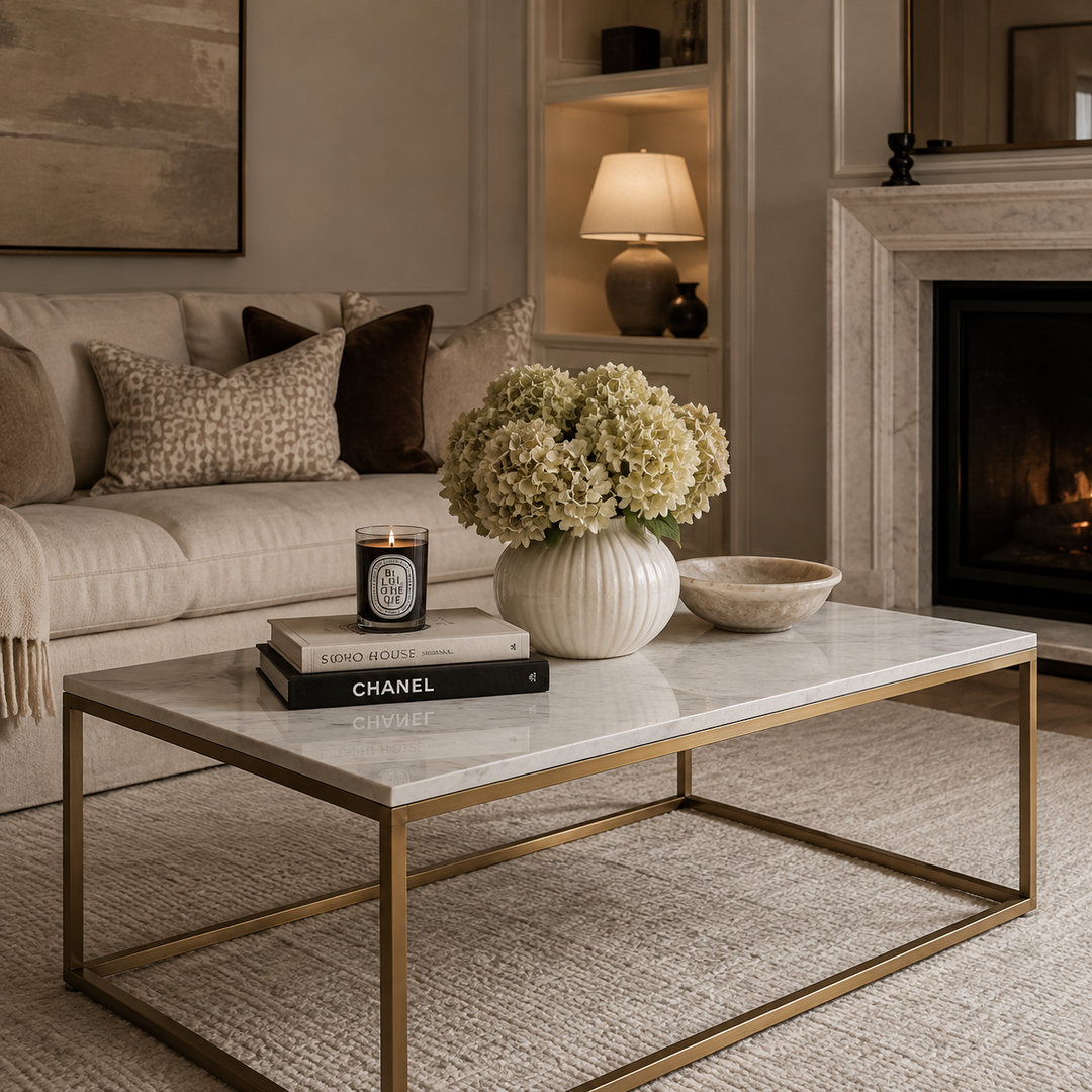 A modern rectangular coffee table with a white marble top and gold metal frame, styled in a cozy living room with a sofa, fireplace, and decorative flowers on top.