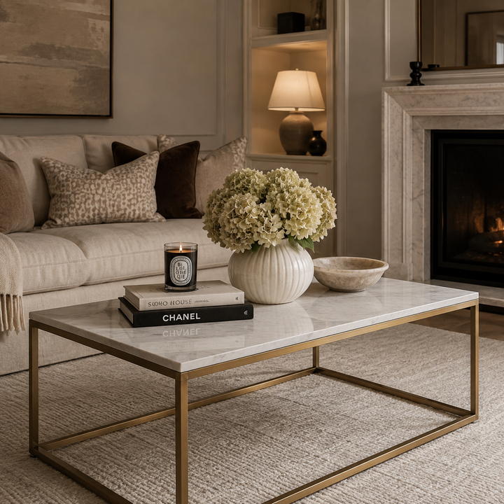 A modern rectangular coffee table with a white marble top and gold metal frame, styled in a cozy living room with a sofa, fireplace, and decorative flowers on top.