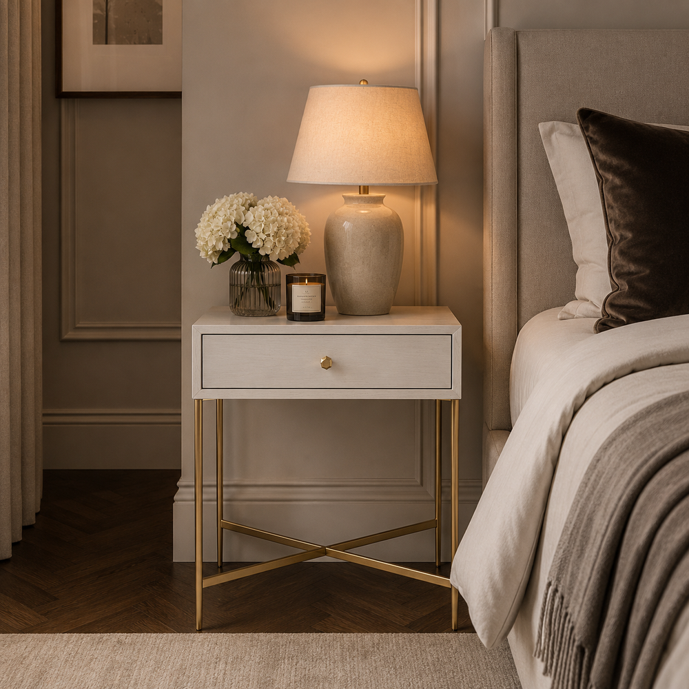 A modern bedside table in a bedroom setting, featuring a white drawer front with a small gold knob and gold metal legs. The table is styled with a lit table lamp, a vase of white flowers, and a candle, positioned next to a bed with neutral-toned bedding.