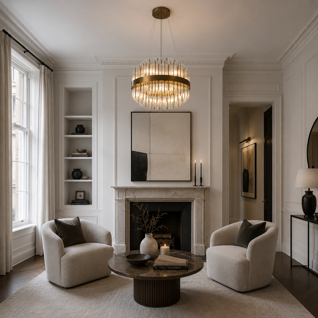 A luxury modern living room featuring a large round gold chandelier, a white marble fireplace, two cream-colored armchairs, and a round dark wood coffee table on a beige rug.