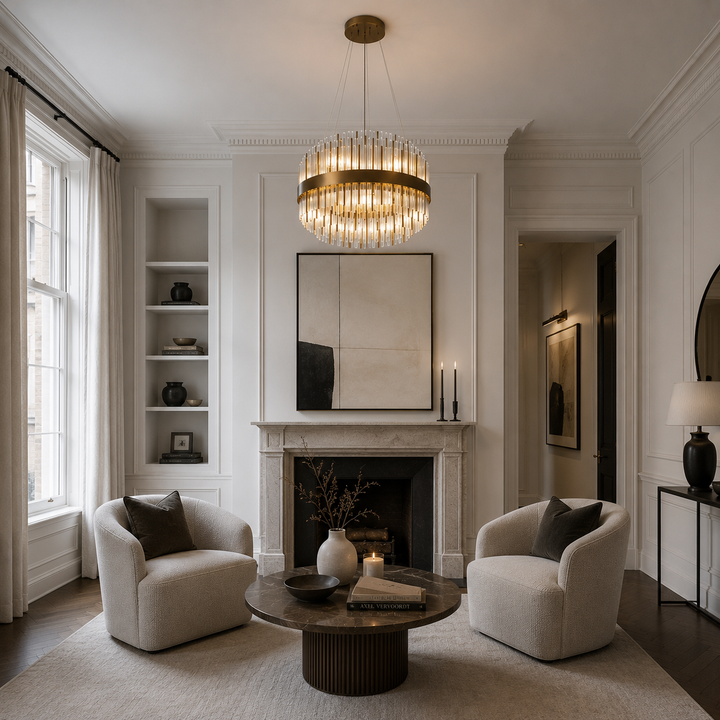A luxury modern living room featuring a large round gold chandelier, a white marble fireplace, two cream-colored armchairs, and a round dark wood coffee table on a beige rug.
