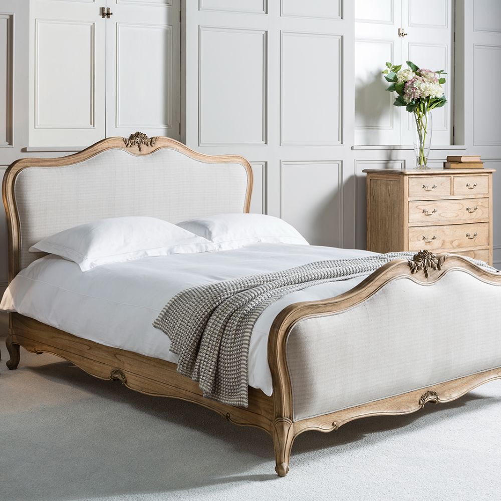 Gallery Interiors Chic Super King Linen Upholstered Bed in Weathered Wood