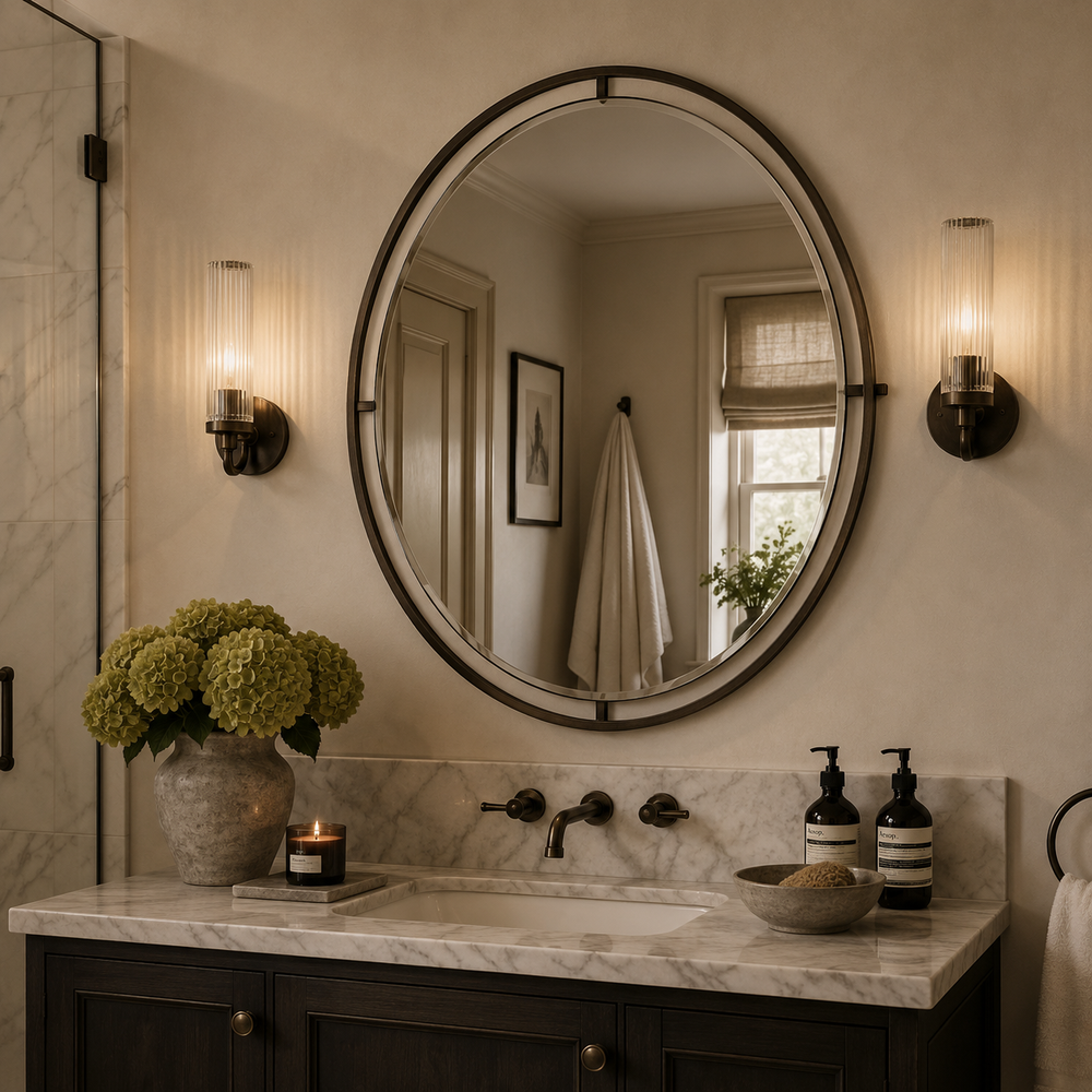 An oval wall mirror with a dark metal frame hangs above a bathroom vanity with a white marble countertop. The scene includes two lit wall sconces, a vase of green hydrangeas, and other bathroom decor.