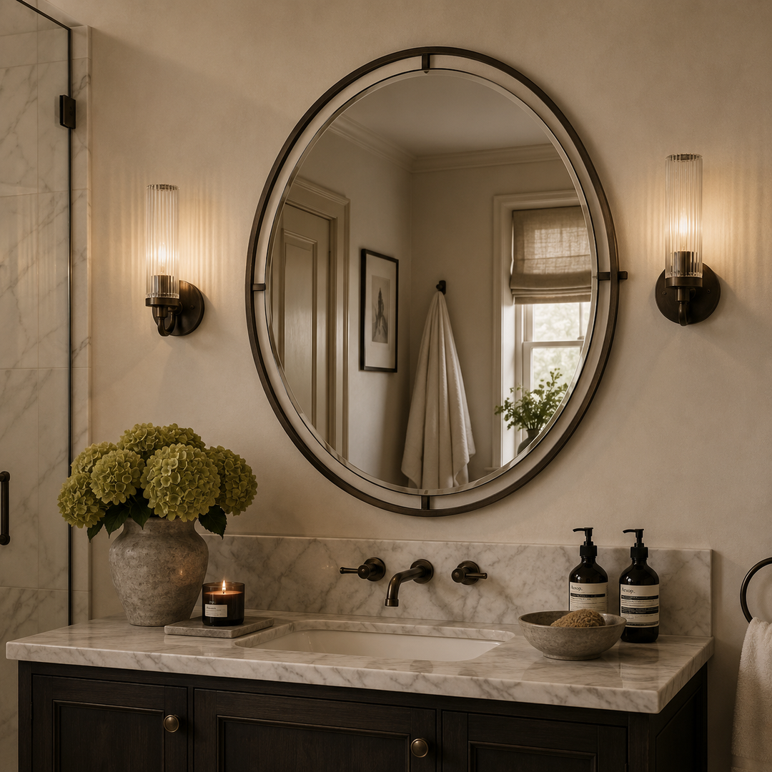 An oval wall mirror with a dark metal frame hangs above a bathroom vanity with a white marble countertop. The scene includes two lit wall sconces, a vase of green hydrangeas, and other bathroom decor.