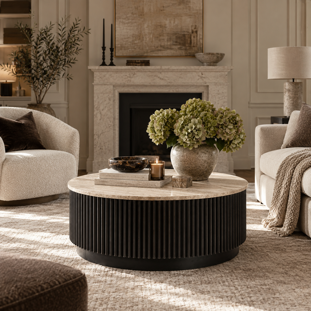 A round coffee table with a fluted black metal base and a light beige marble top, styled in a cozy living room with a fireplace, cream armchair, and a vase of green hydrangeas on top.