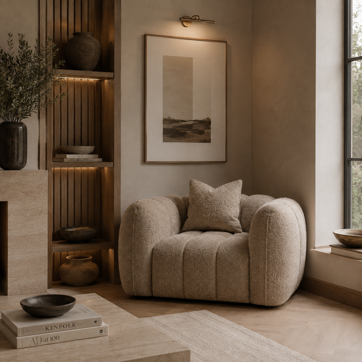 A cozy, rounded boucle armchair in a warm beige/taupe color sits in a styled living room corner with a matching throw pillow, a wooden slat shelf with books and vases, and a framed art print on the wall.