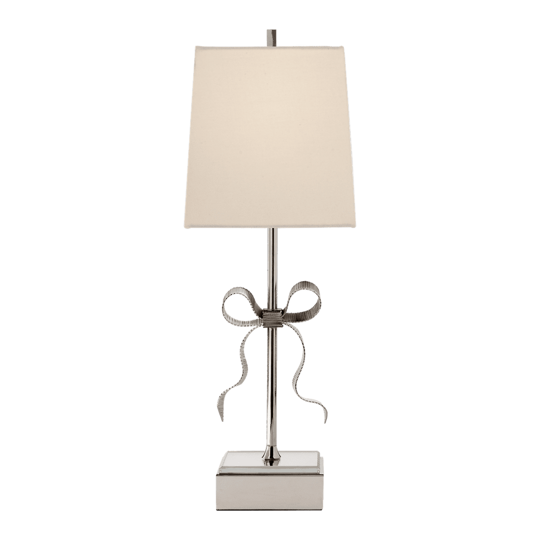 Ellery Gros-Grain Bow Table Lamp - Polished Nickel & Mirror with Cream Linen Shade Visual Comfort 1