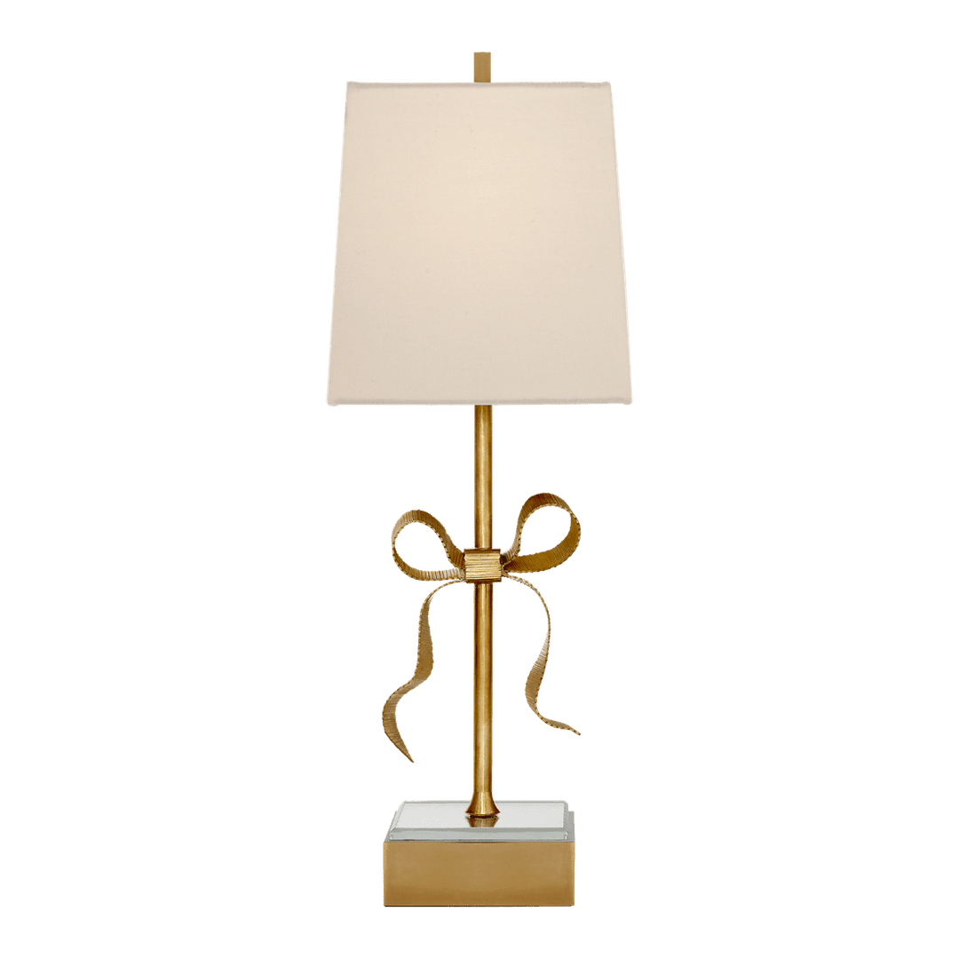 Ellery Gros-Grain Bow Table Lamp - Soft Brass & Mirror with Cream Linen Shade Visual Comfort 1