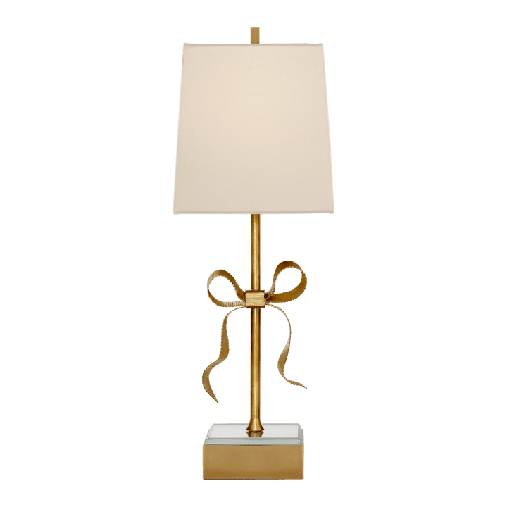 Ellery Gros-Grain Bow Table Lamp - Soft Brass & Mirror with Cream Linen Shade Visual Comfort 1
