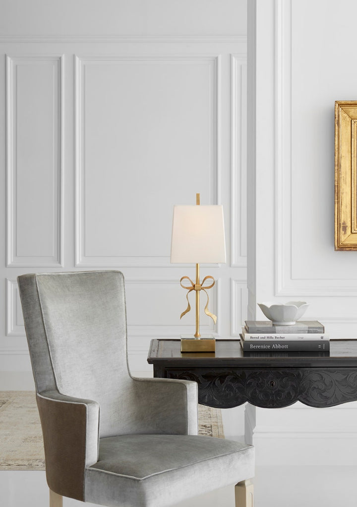Ellery Gros-Grain Bow Table Lamp - Soft Brass & Mirror with Cream Linen Shade Visual Comfort 2
