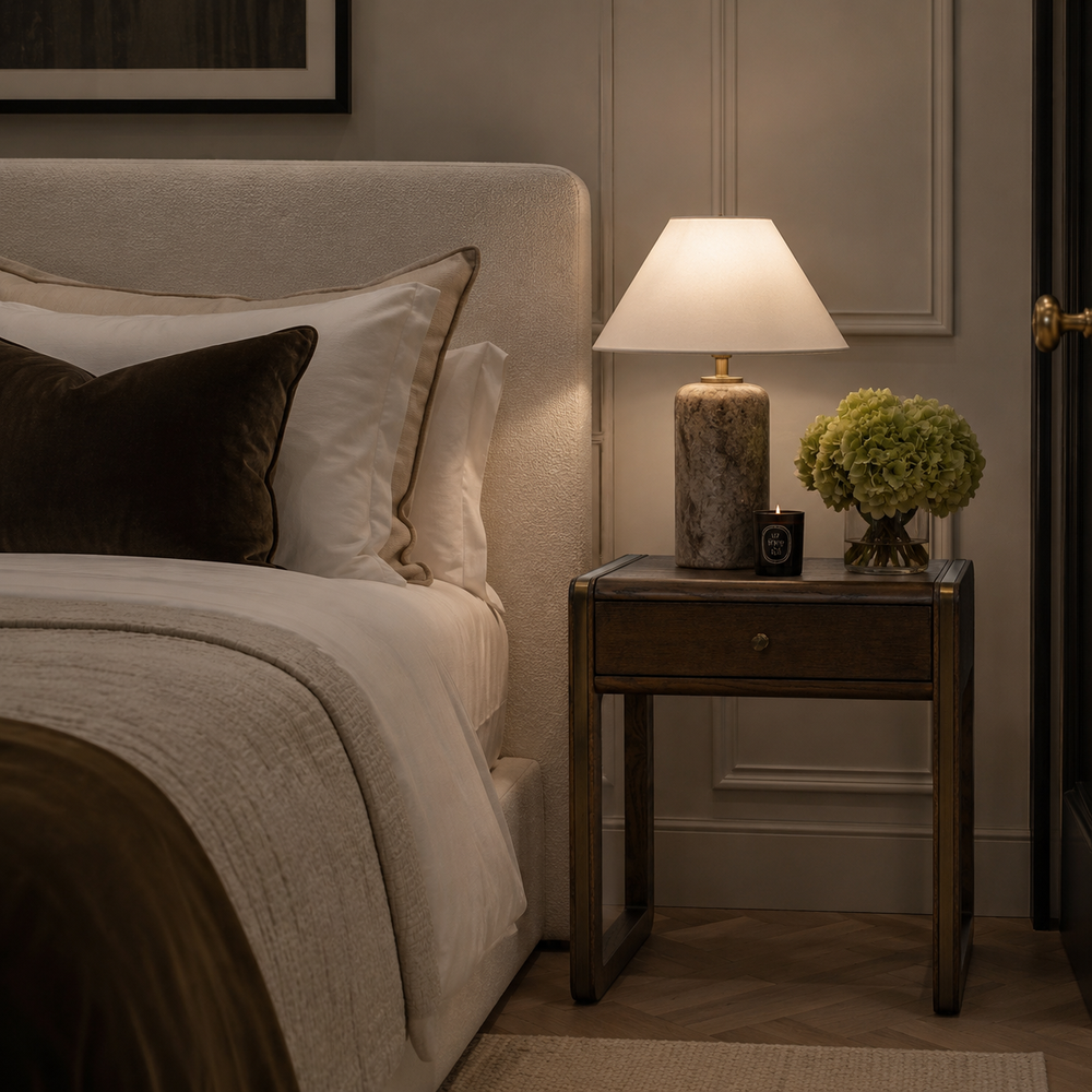 A warmly lit bedside table in a styled bedroom, featuring a table lamp with a textured stone base and white shade, a vase of green flowers, and a dark wood nightstand beside a bed with cream bedding and a dark brown accent pillow.