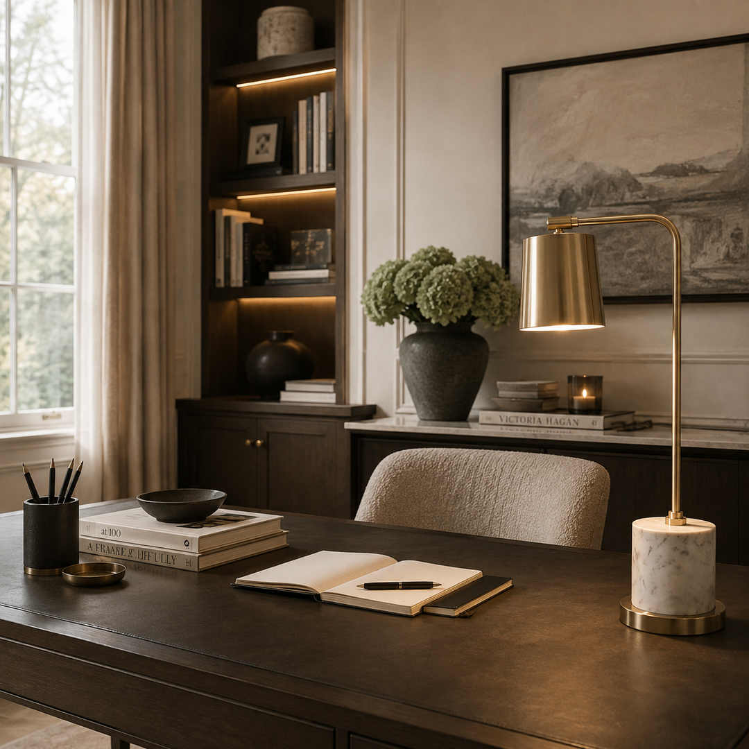 A modern brass desk lamp with a white marble base stands on a dark wood desk in a beautifully styled home office. The scene includes a beige textured chair, a bookshelf with warm lighting, a vase of green hydrangeas, and a framed landscape print on the wall.