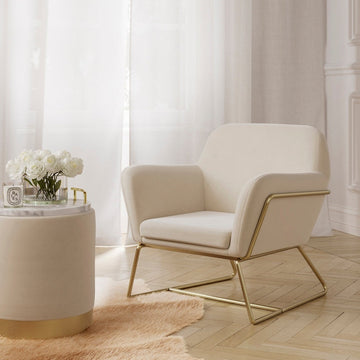 O&Co Kara Pouffe in Cream Velvet & Brushed Gold - Small