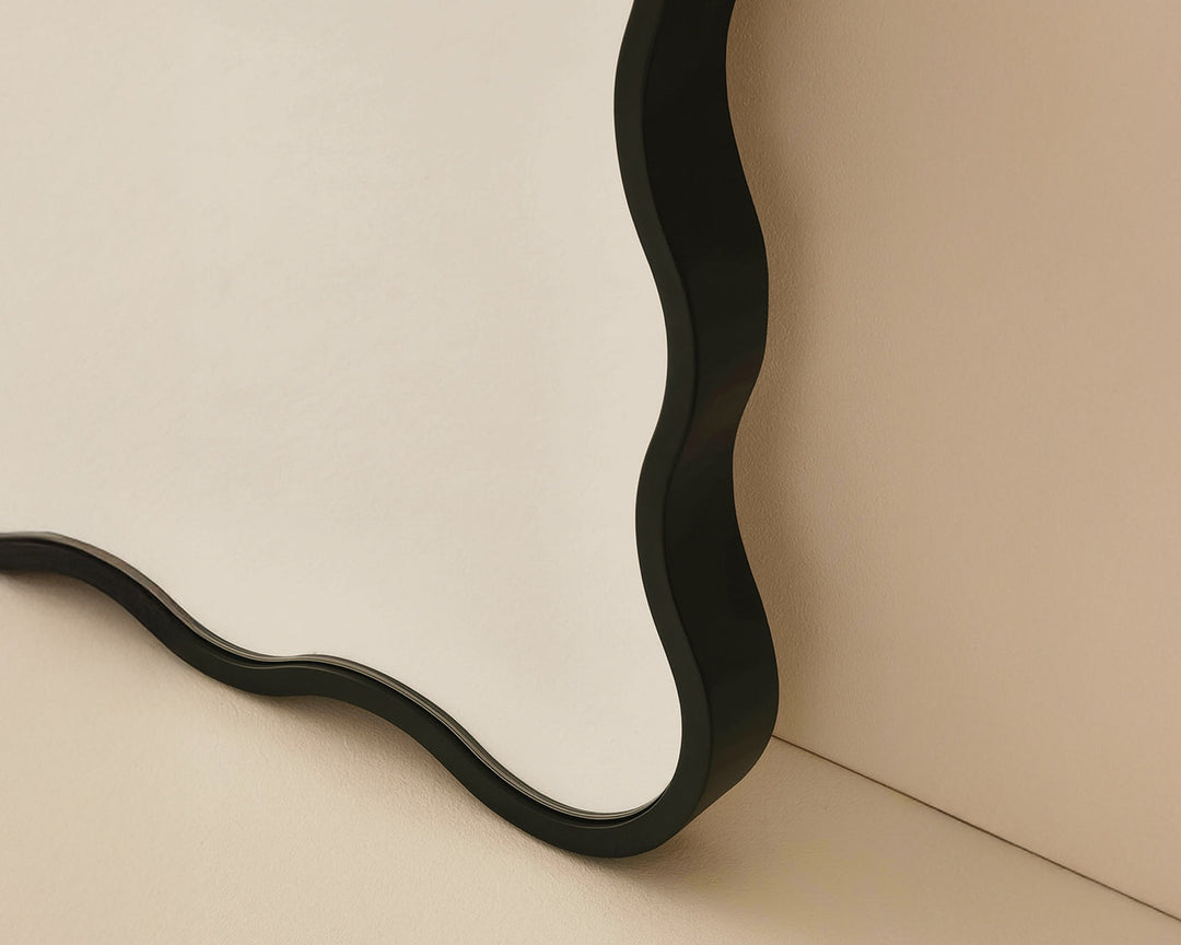 Close up detail of black wavey mirror corner