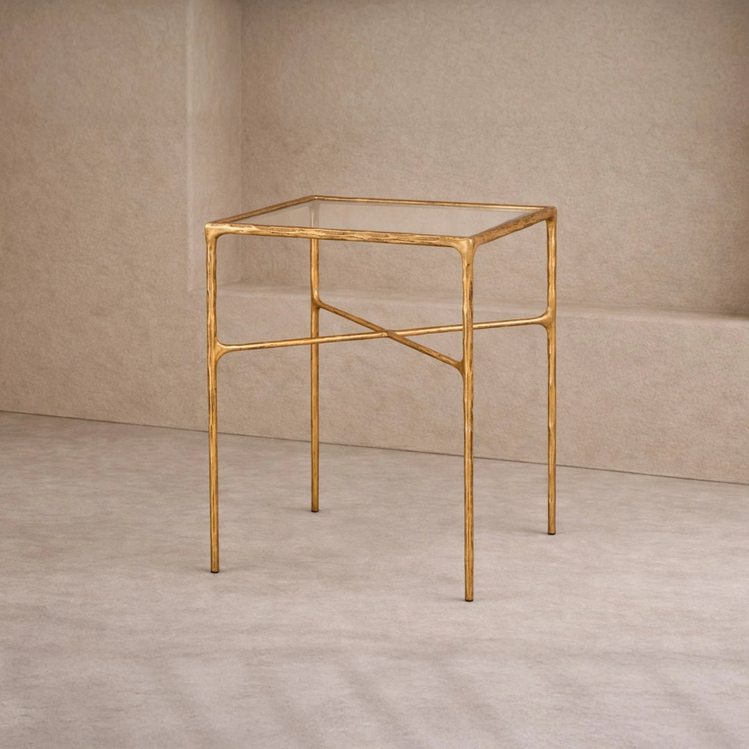 Cobra Side Table - Textured Antique Brass & Glass