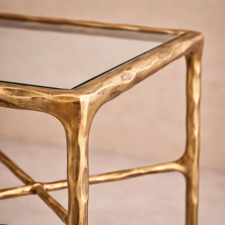 Cobra Side Table - Textured Antique Brass & Glass