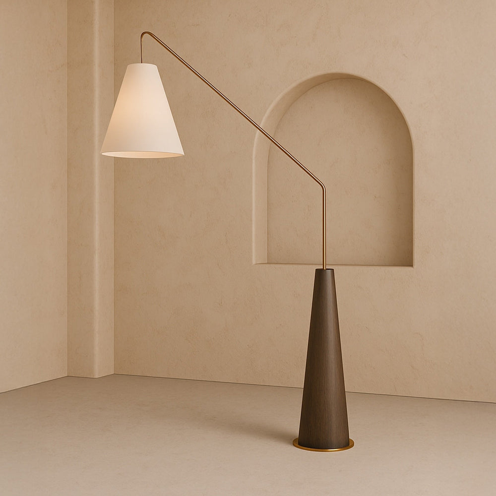 Wooden base angular lamp on plain neutral background