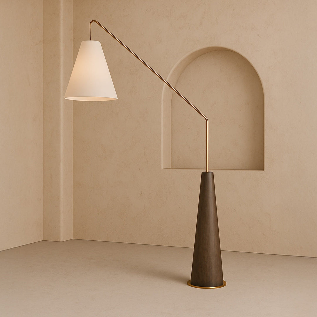 Wooden base angular lamp on plain neutral background