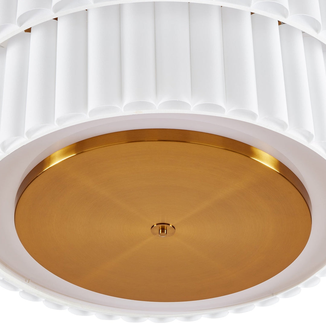 Close up of white ceiling lamp with bronze accent fixing on a white background
