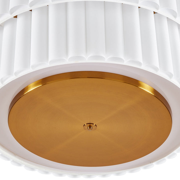 Close up of white ceiling lamp with bronze accent fixing on a white background