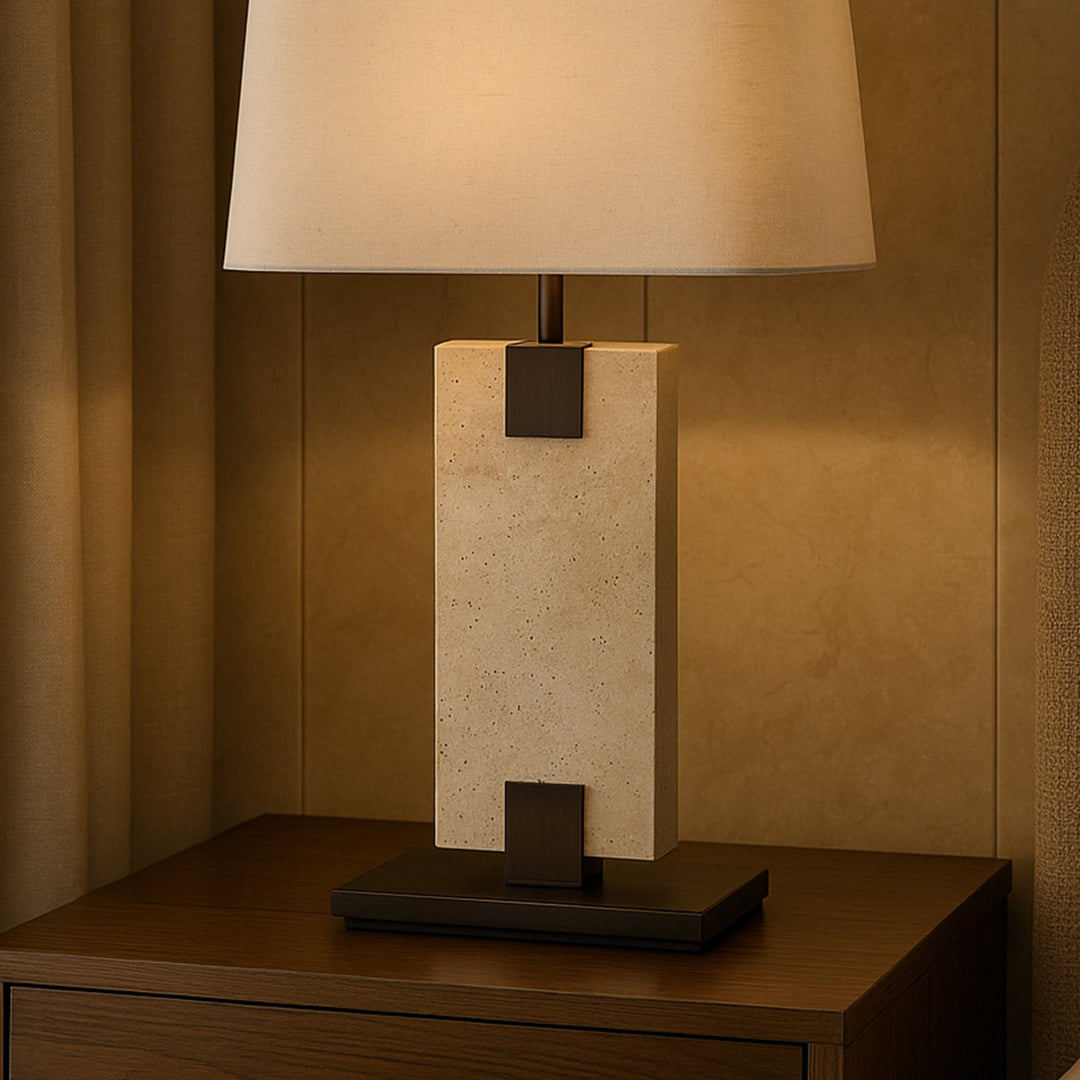 Madison Table Lamp - Travertine & Off White Linen LiangAndEimil 3