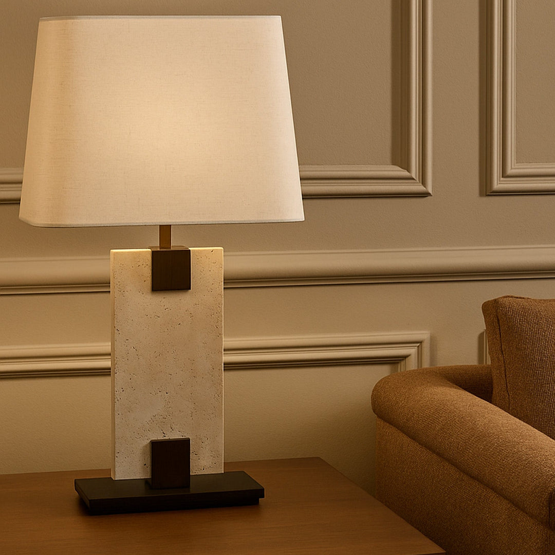 Madison Table Lamp - Travertine & Off White Linen LiangAndEimil 2