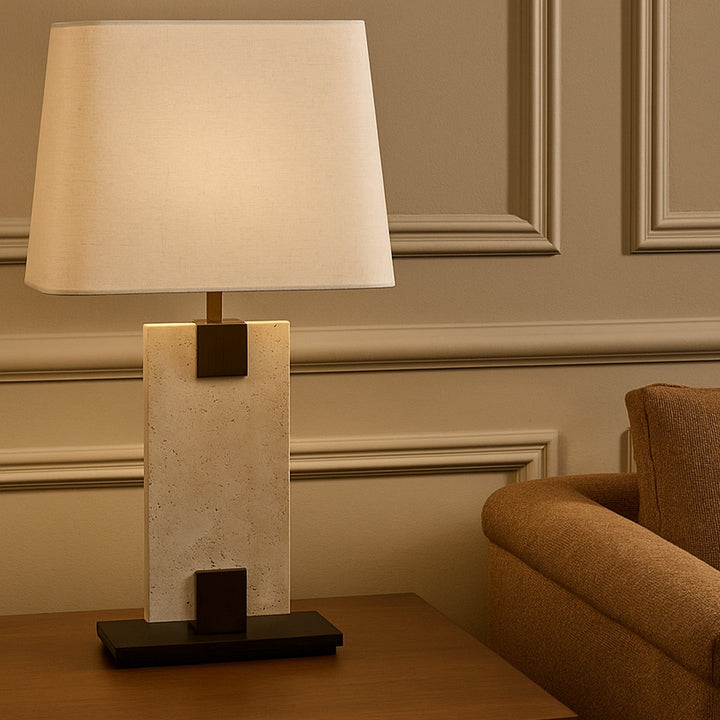 Madison Table Lamp - Travertine & Off White Linen LiangAndEimil 2