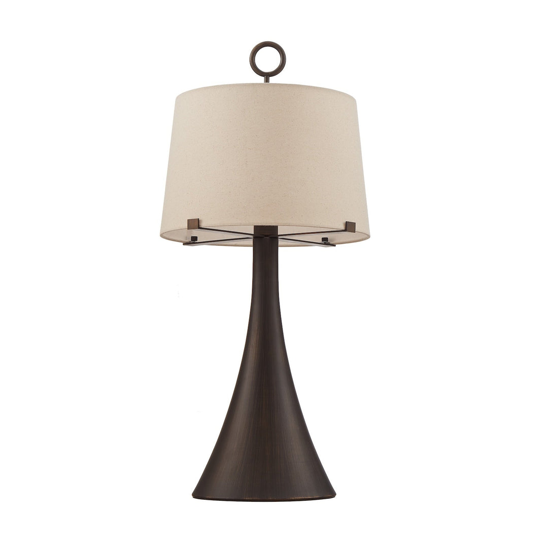 Wooden base table lamp with neutral linen shade on a white background