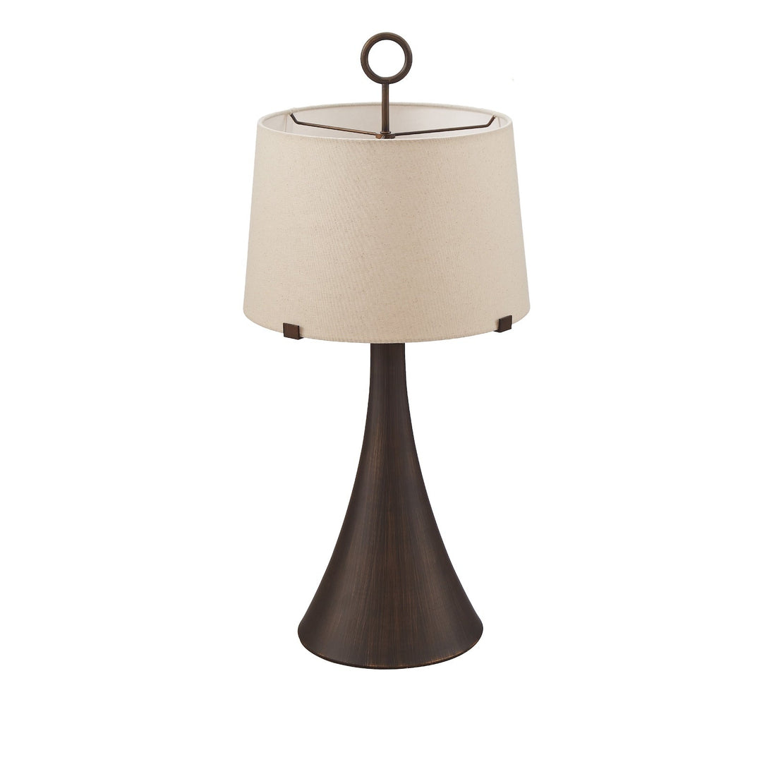 Wooden base table lamp with neutral linen shade on a white background
