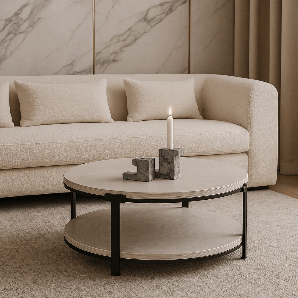 Alcana Round Coffee Table - Cloud Stained Oak & Black Textured Metal LiangAndEimil 2