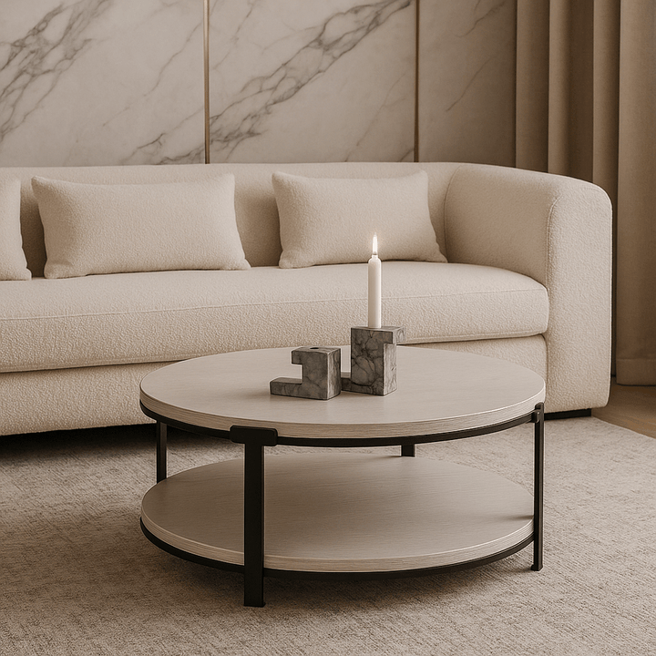 Alcana Round Coffee Table - Cloud Stained Oak & Black Textured Metal LiangAndEimil 2