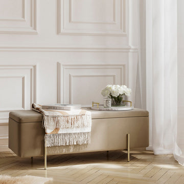 O&Co Zola Storage Ottoman in Beige Velvet & Brushed Gold