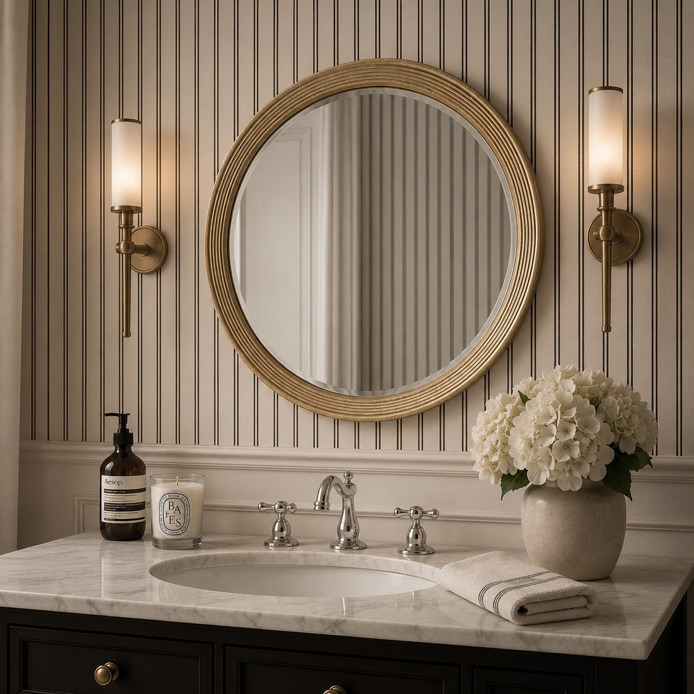 A round gold-framed mirror mounted on a beige and brown vertically striped wall above a marble bathroom vanity with a white sink, silver faucet, wall sconces, a vase of white flowers, and toiletry items.
