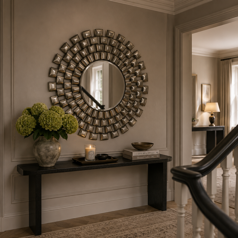 A round decorative wall mirror with a textured metallic sunburst frame hangs above a dark console table in a styled entryway. The scene includes a vase of green hydrangeas, a candle, books, and part of a staircase railing in a warm, elegant interior.