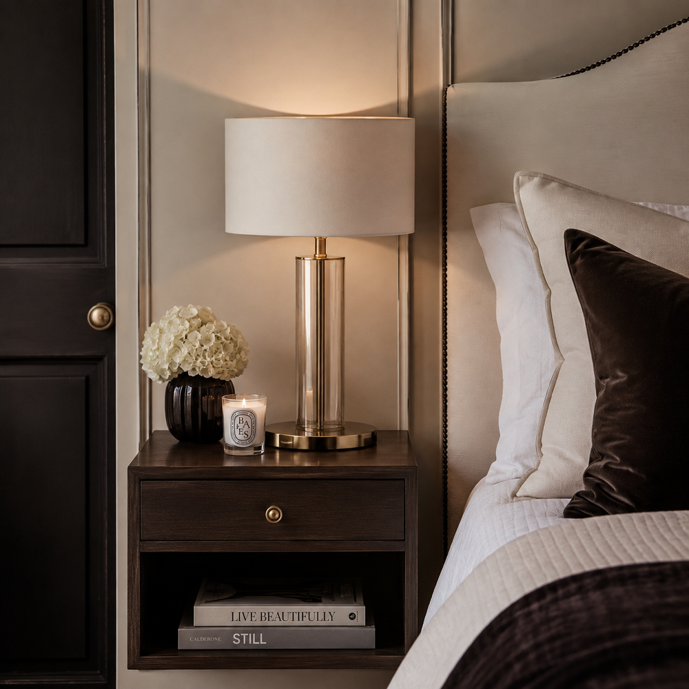 A modern table lamp with a cylindrical brushed gold base and a white drum shade sits on a dark wood nightstand beside a bed with white and dark brown pillows.