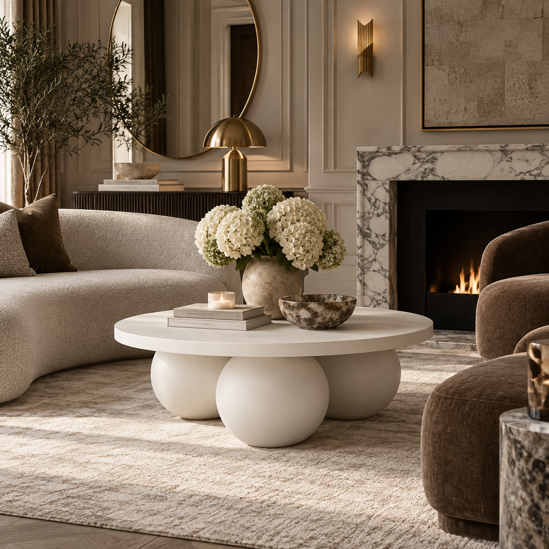 A round white coffee table with three spherical pedestal legs in a styled living room, decorated with a vase of white hydrangeas, books, and a small bowl. The room features a beige curved sofa, a brown armchair, a marble fireplace with a fire burning inside, and warm wall sconces.