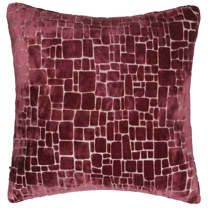Bergen Cut Velvet Abstract Squares Cushion - Wine