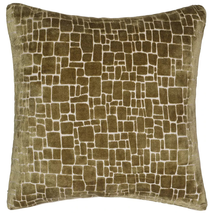 Bergen Cut Velvet Abstract Squares Cushion - Olive