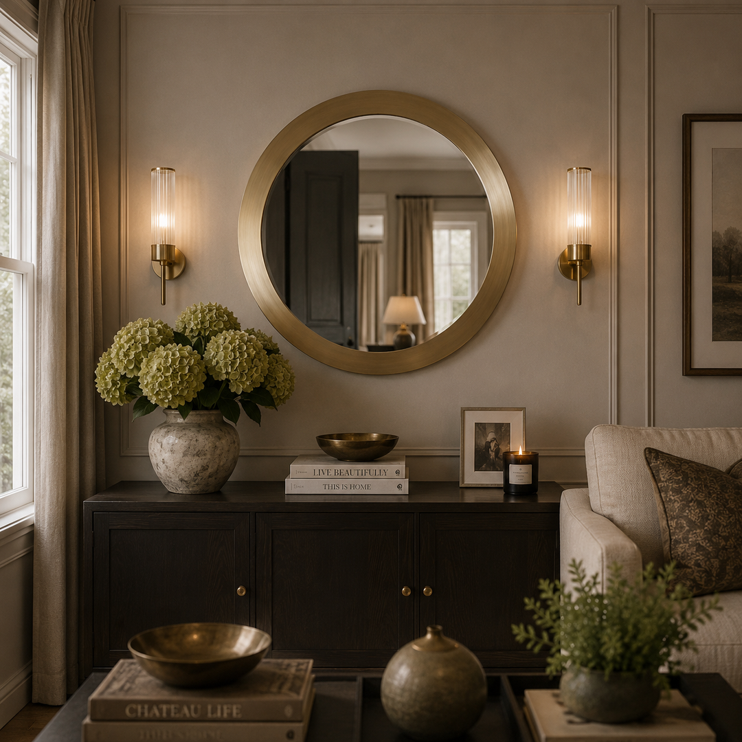 A round gold-framed wall mirror hangs above a dark wood console in a styled living room. The scene includes two lit wall sconces, a vase of pale green hydrangeas, books, a candle, and part of a light upholstered sofa.