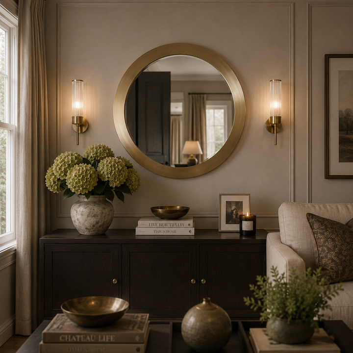 A round gold-framed wall mirror hangs above a dark wood console in a styled living room. The scene includes two lit wall sconces, a vase of pale green hydrangeas, books, a candle, and part of a light upholstered sofa.