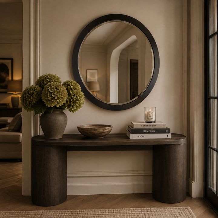 A round black-framed wall mirror hangs above a dark wood console table in a warm, neutral-toned entryway. The table holds a large vase with green hydrangeas, a wooden bowl, and a stack of books, including one labeled Rinssole.
