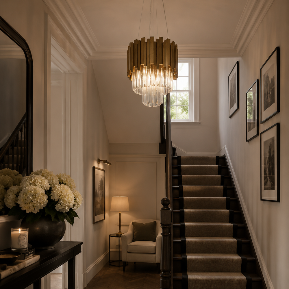 An elegant interior hallway with a staircase, a gold cylindrical chandelier, framed wall art, a console table with white flowers, and warm ambient lighting.