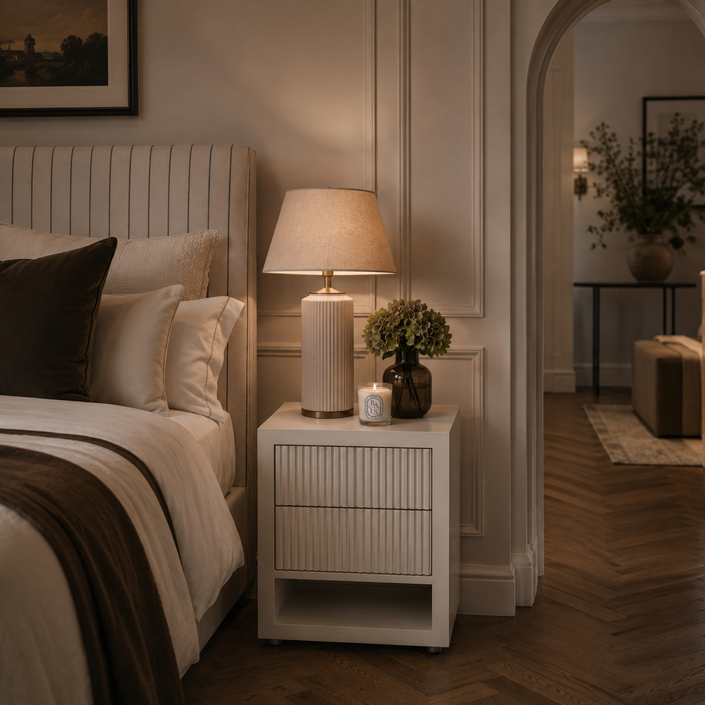 A modern white nightstand with vertical slat detailing stands beside a bed in a warm, elegantly decorated bedroom. On top of the nightstand is a matching white table lamp with a beige shade, a small candle, and a dark glass vase with greenery.