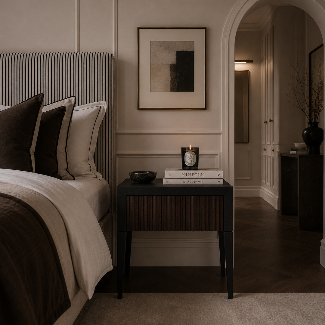 A styled bedroom interior featuring a dark wood nightstand with vertical slats, styled with a lit candle, books, and a bowl next to a bed with neutral-toned bedding and striped pillows.