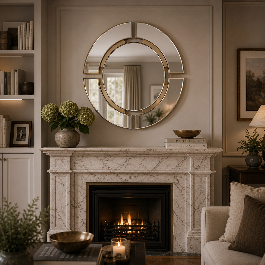 A large round wall mirror with a gold-toned geometric frame hangs above a marble fireplace mantel in a cozy, elegantly styled living room.