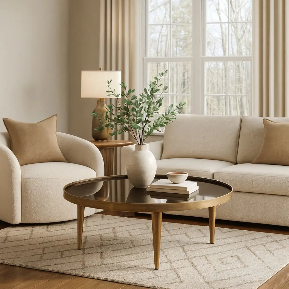 Living room with beige sofa, armchair, and coffee table with decor items.