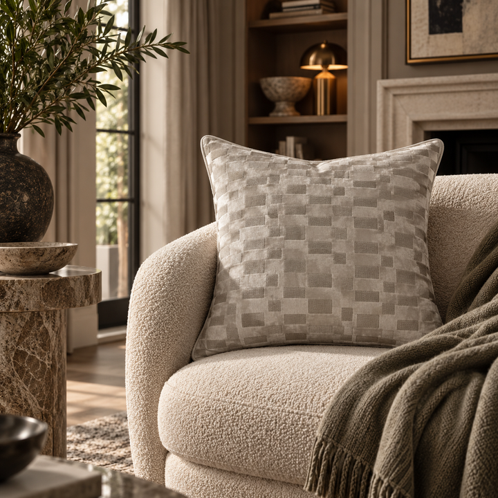 A square throw pillow with a beige and gray patchwork checkerboard pattern, resting on a textured cream boucle armchair in a cozy, warm-toned living room setting.